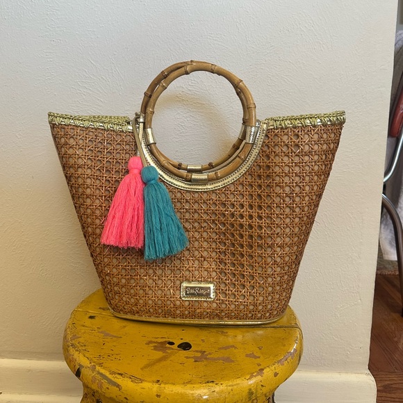 Lilly Pulitzer Grotto Cane Wicker Tote Purse Woven Natural Beach - Picture 9 of 12